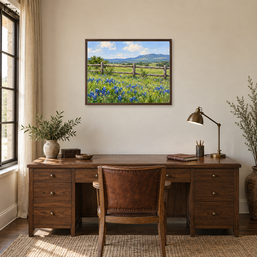 Wildflowers Beyond the Ranch Fence oil painting displayed in a home office