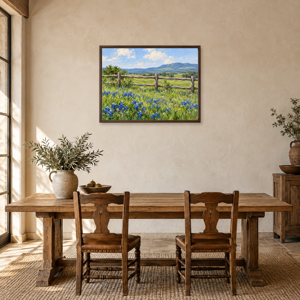 Wildflowers Beyond the Ranch Fence oil painting displayed in a farmhouse dining room