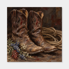 Weathered chestnut cowboy boots with coiled rope and sparse blue, cream and red wildflowers in a dark oil still life