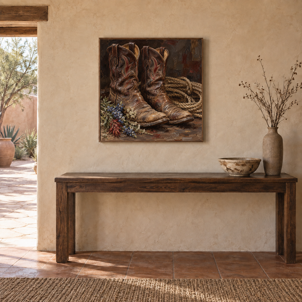 Weathered Boots Still Life oil painting displayed above an entryway console