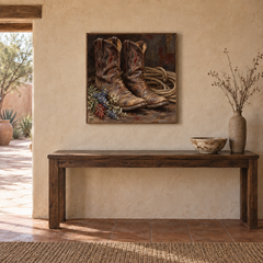 Weathered Boots Still Life oil painting displayed above an entryway console