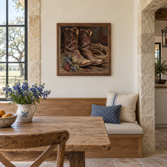 Weathered Boots Still Life oil painting displayed in a breakfast nook