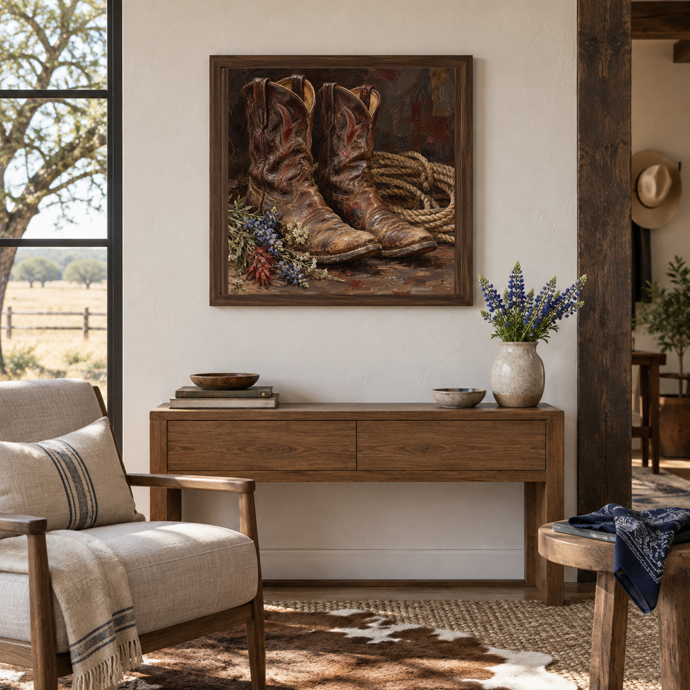 Weathered Boots Still Life oil painting displayed above a living room console
