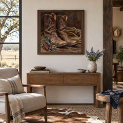 Weathered Boots Still Life oil painting displayed above a living room console