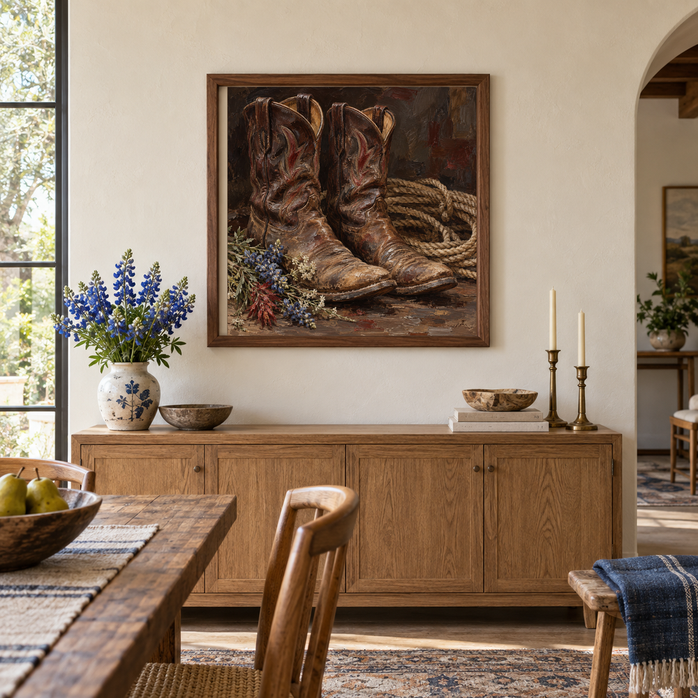Weathered Boots Still Life oil painting displayed above a dining room sideboard