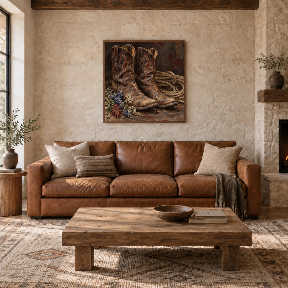 Weathered Boots Still Life oil painting displayed in a ranch living room