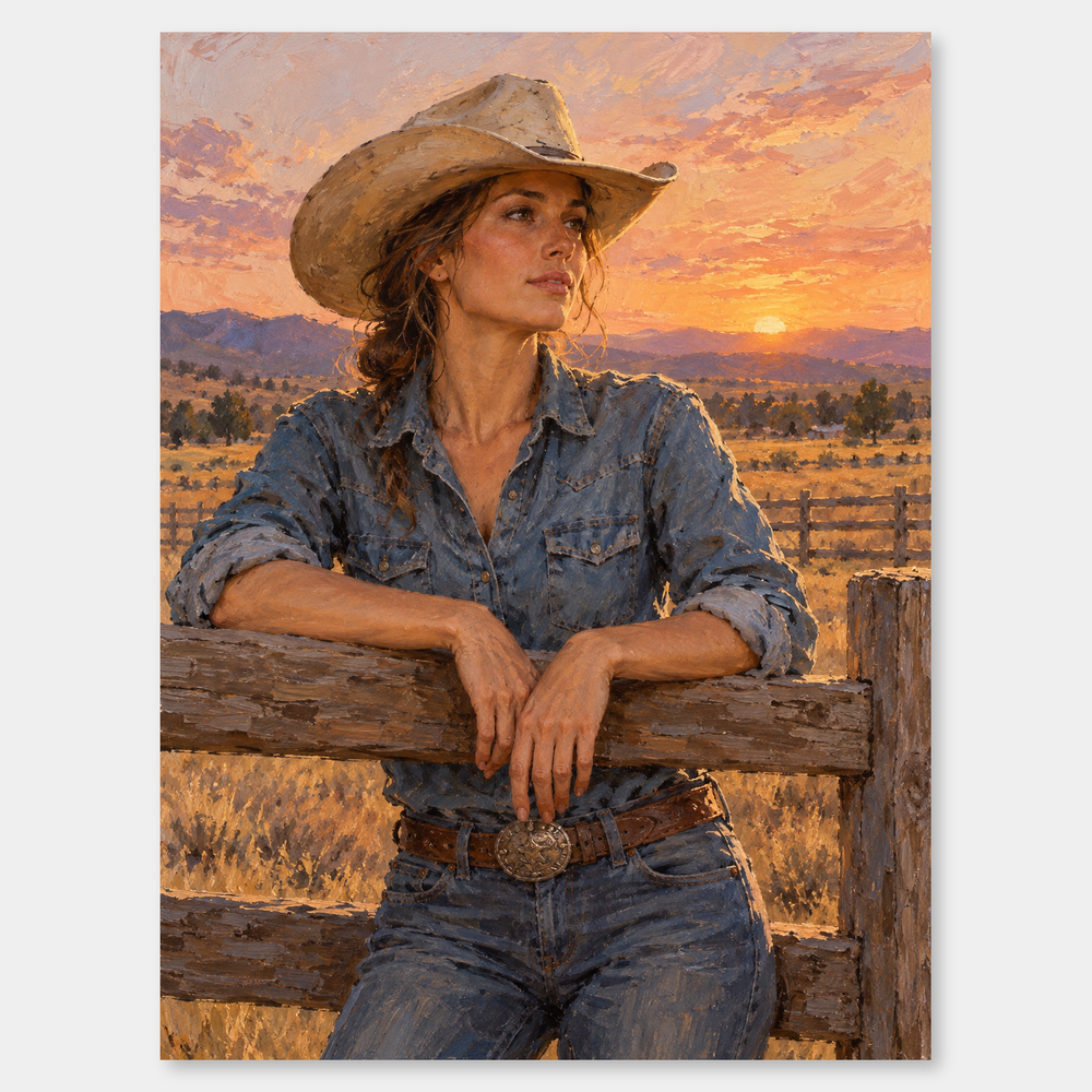Denim-clad cowgirl leaning on a wooden ranch fence beneath a peach and dusty-rose golden-hour sky
