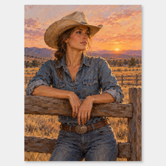 Denim-clad cowgirl leaning on a wooden ranch fence beneath a peach and dusty-rose golden-hour sky