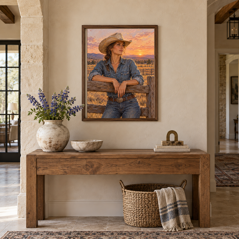 Cowgirl at Golden Hour oil painting displayed above an entryway console