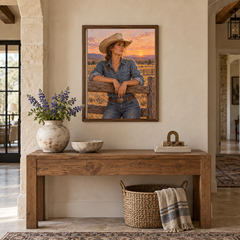 Cowgirl at Golden Hour oil painting displayed above an entryway console