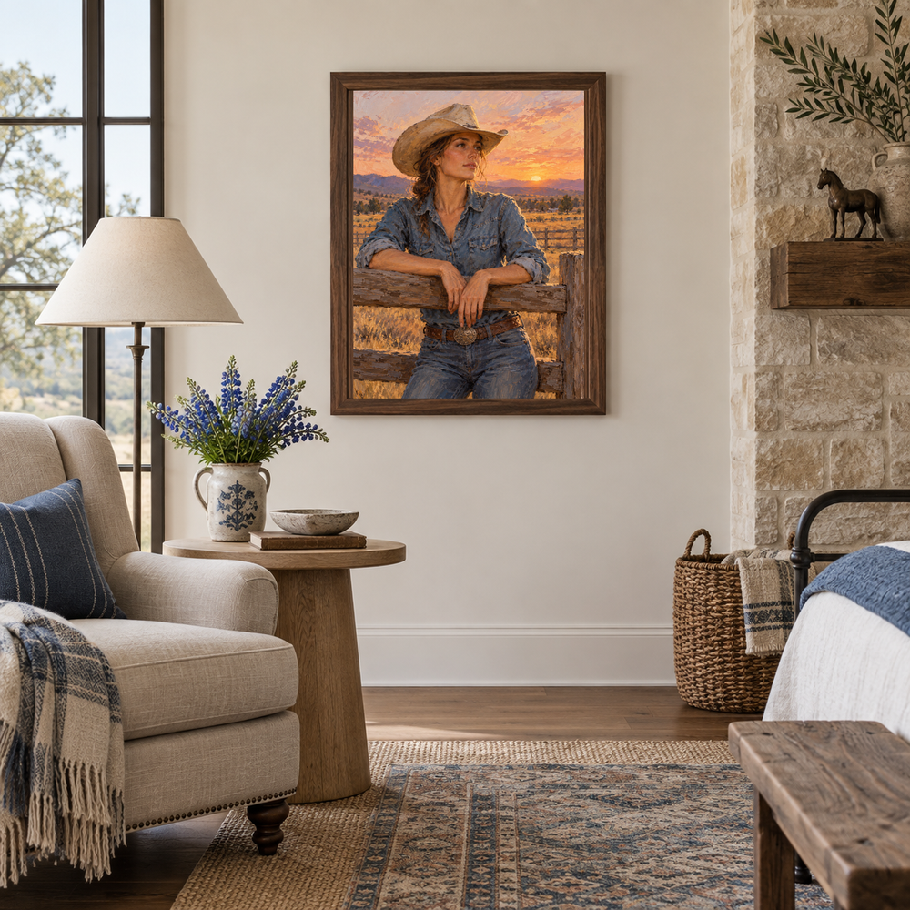 Cowgirl at Golden Hour oil painting displayed in a living room reading nook