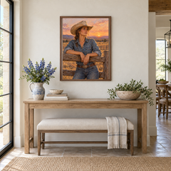 Cowgirl at Golden Hour oil painting displayed above an entryway bench