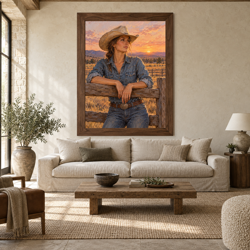 Cowgirl at Golden Hour oil painting displayed above a living room sofa