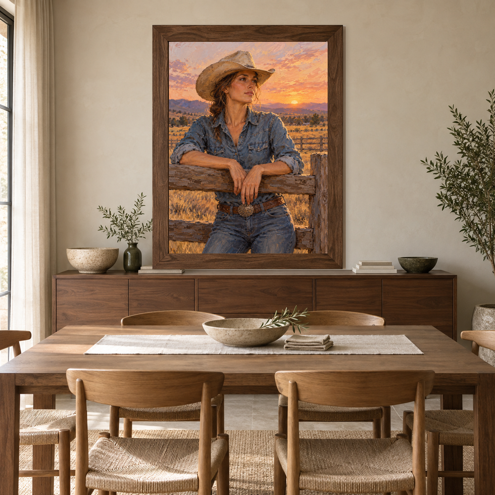 Cowgirl at Golden Hour oil painting displayed above a dining room sideboard