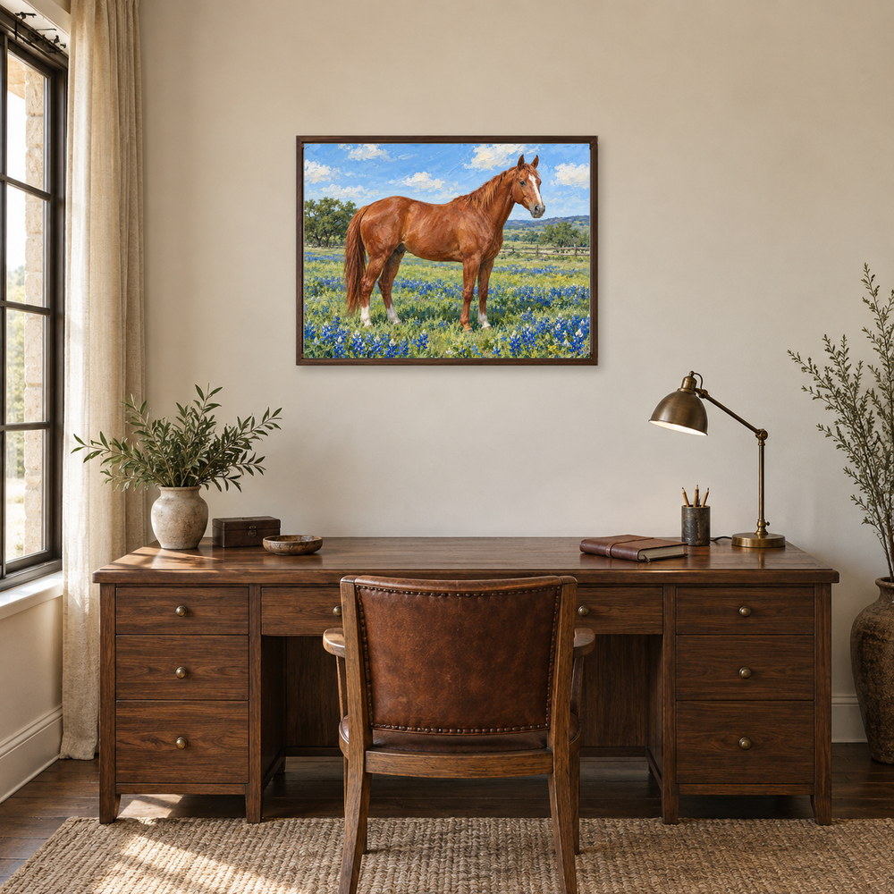 Spring Ranch Horse oil painting displayed in a home office