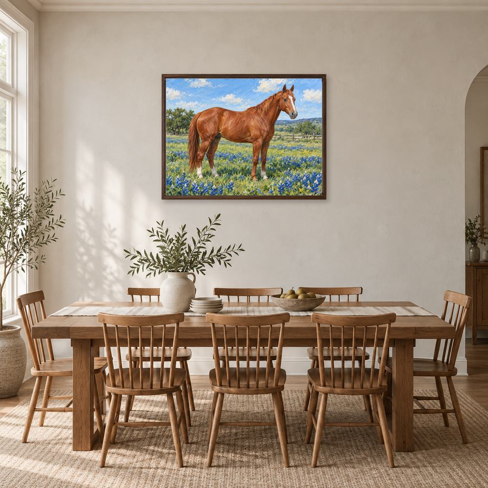 Spring Ranch Horse oil painting displayed in a bright dining room