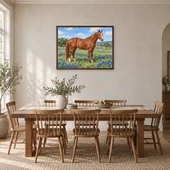Spring Ranch Horse oil painting displayed in a bright dining room