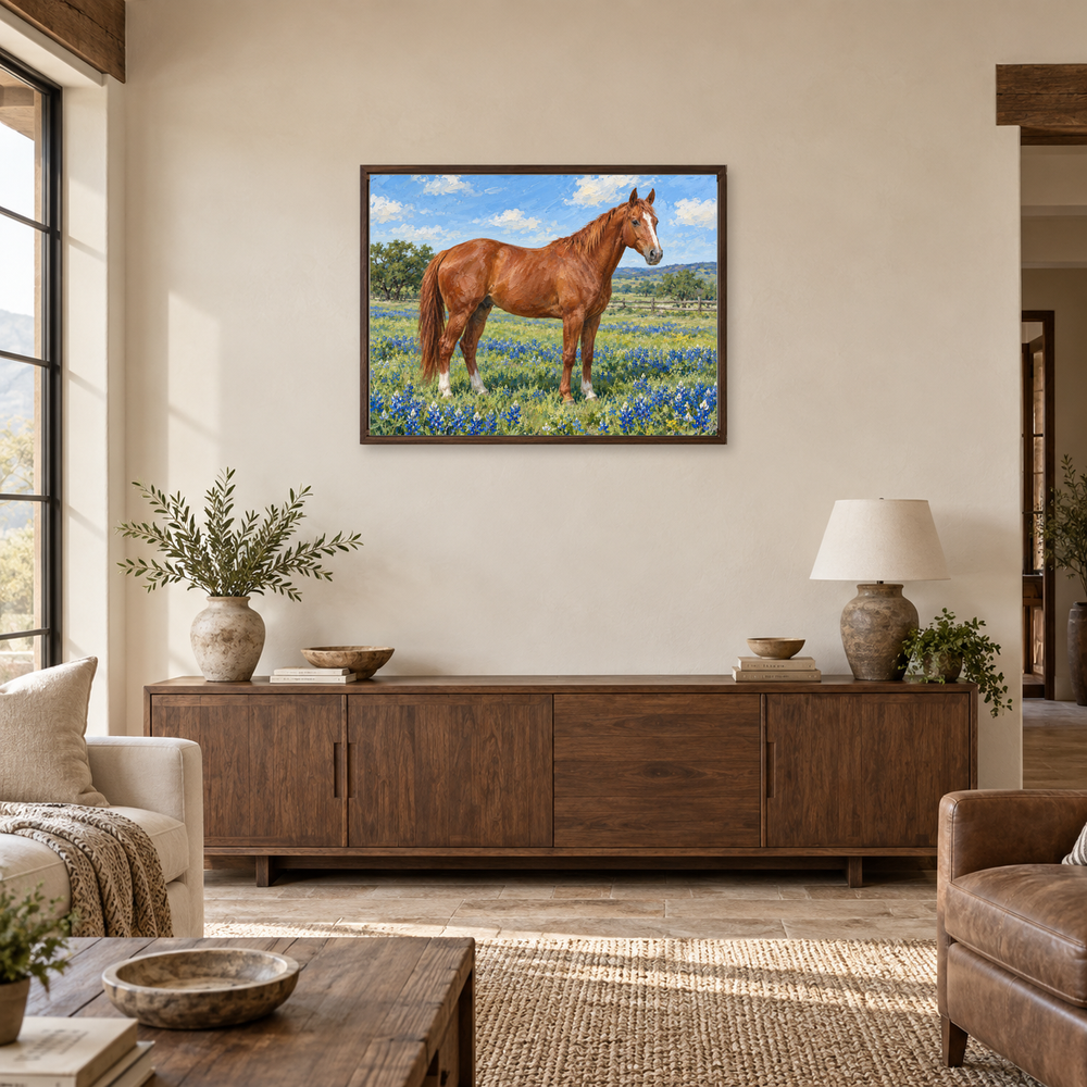 Spring Ranch Horse oil painting displayed above a living room sideboard