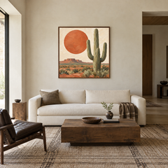 Terracotta Sun & Saguaro oil painting displayed in a modern Southwestern living room