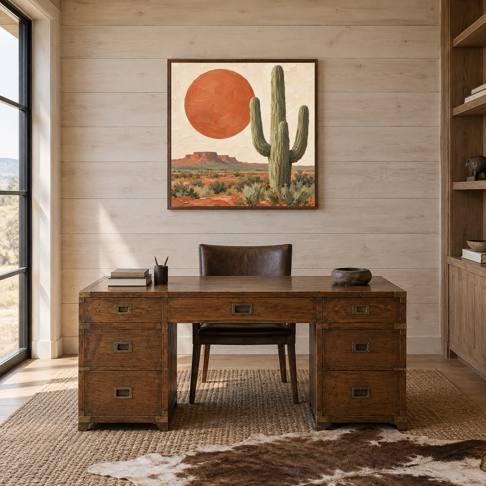 Terracotta Sun & Saguaro oil painting displayed in a natural-wood study