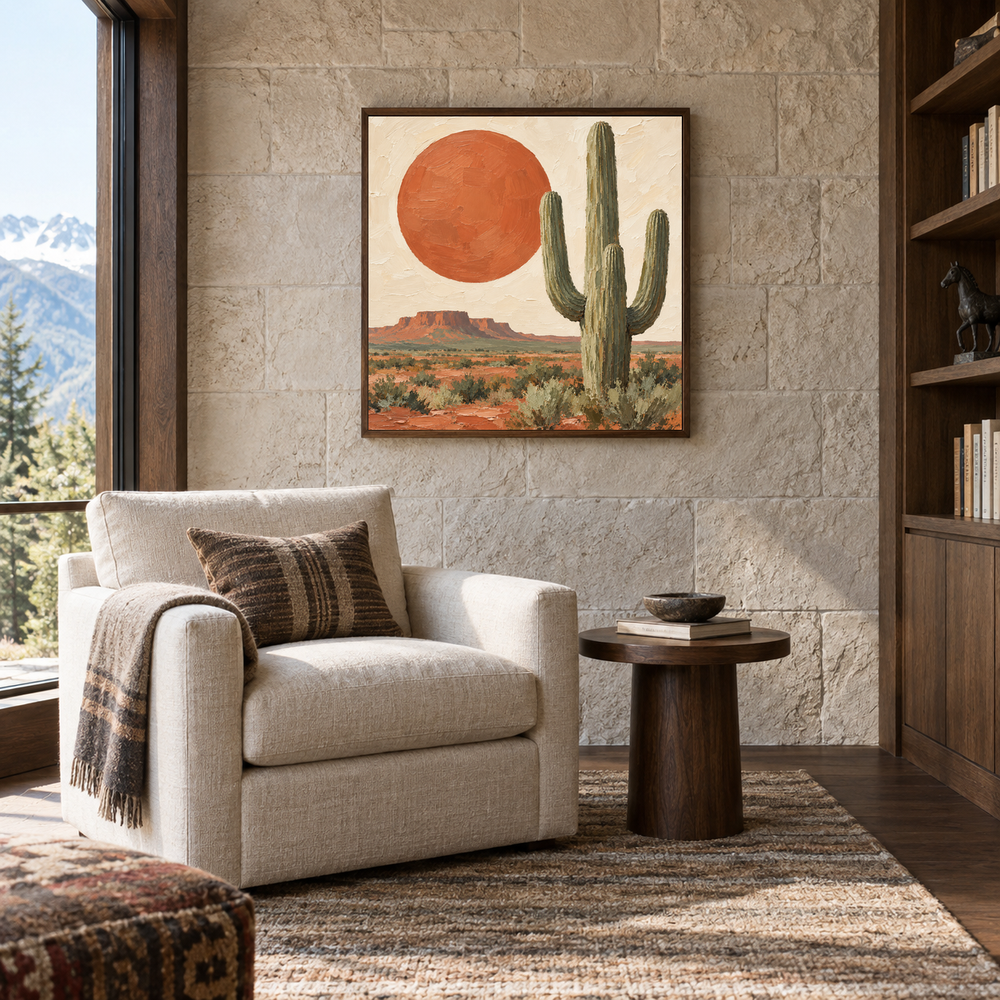 Terracotta Sun & Saguaro oil painting displayed in a quiet reading room