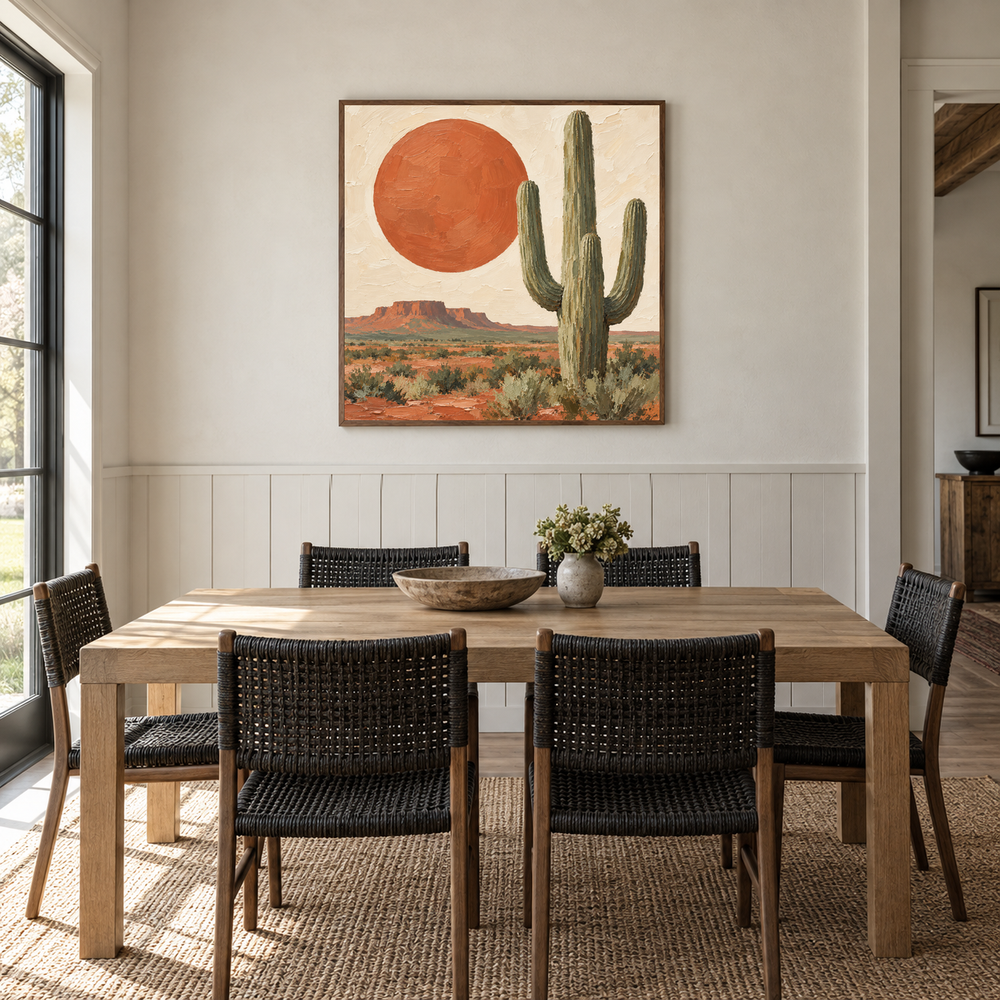 Terracotta Sun & Saguaro oil painting displayed in a modern farmhouse dining room
