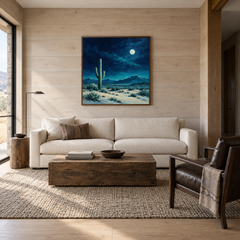 Turquoise Moon Desert oil painting displayed in a modern Southwestern living room