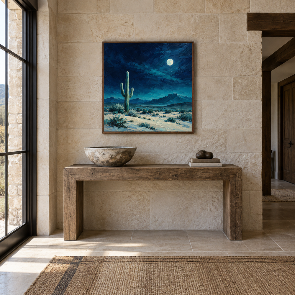 Turquoise Moon Desert oil painting displayed in a adobe-inspired entryway
