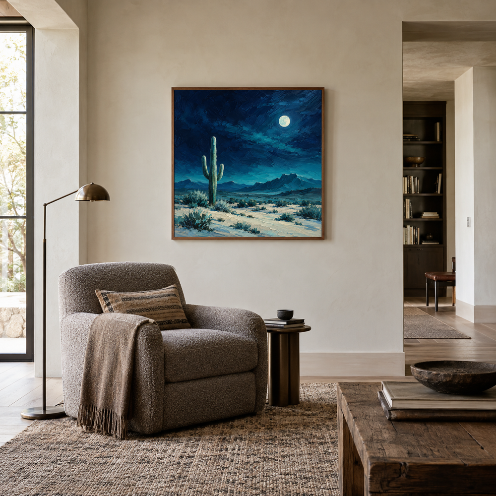 Turquoise Moon Desert oil painting displayed in a quiet reading room