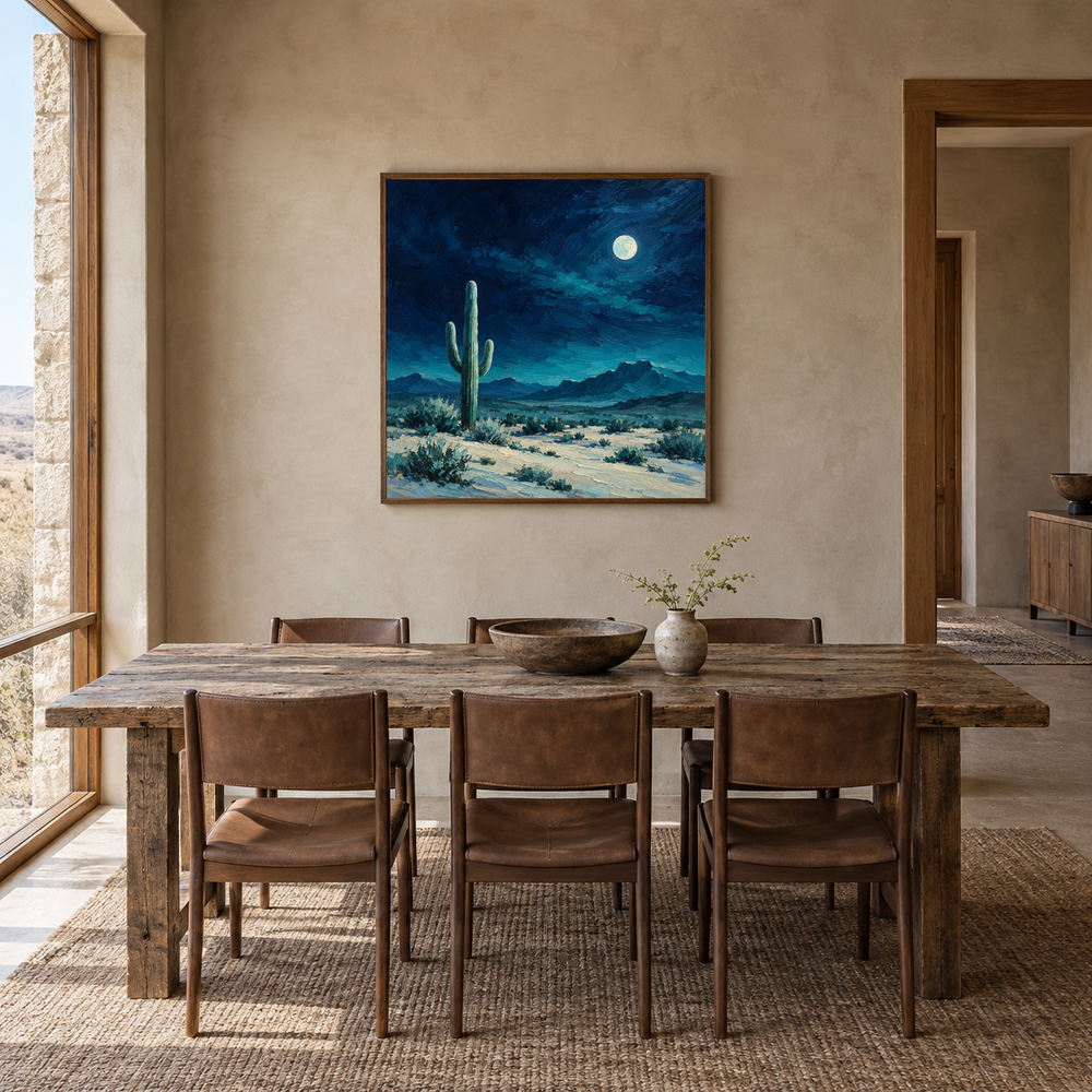 Turquoise Moon Desert oil painting displayed in a modern farmhouse dining room
