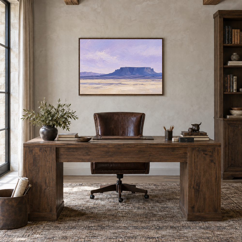 Indigo Mesa oil painting displayed in a natural-wood study
