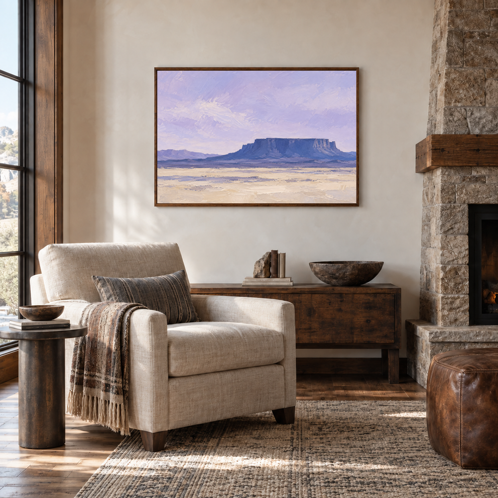 Indigo Mesa oil painting displayed in a quiet reading room