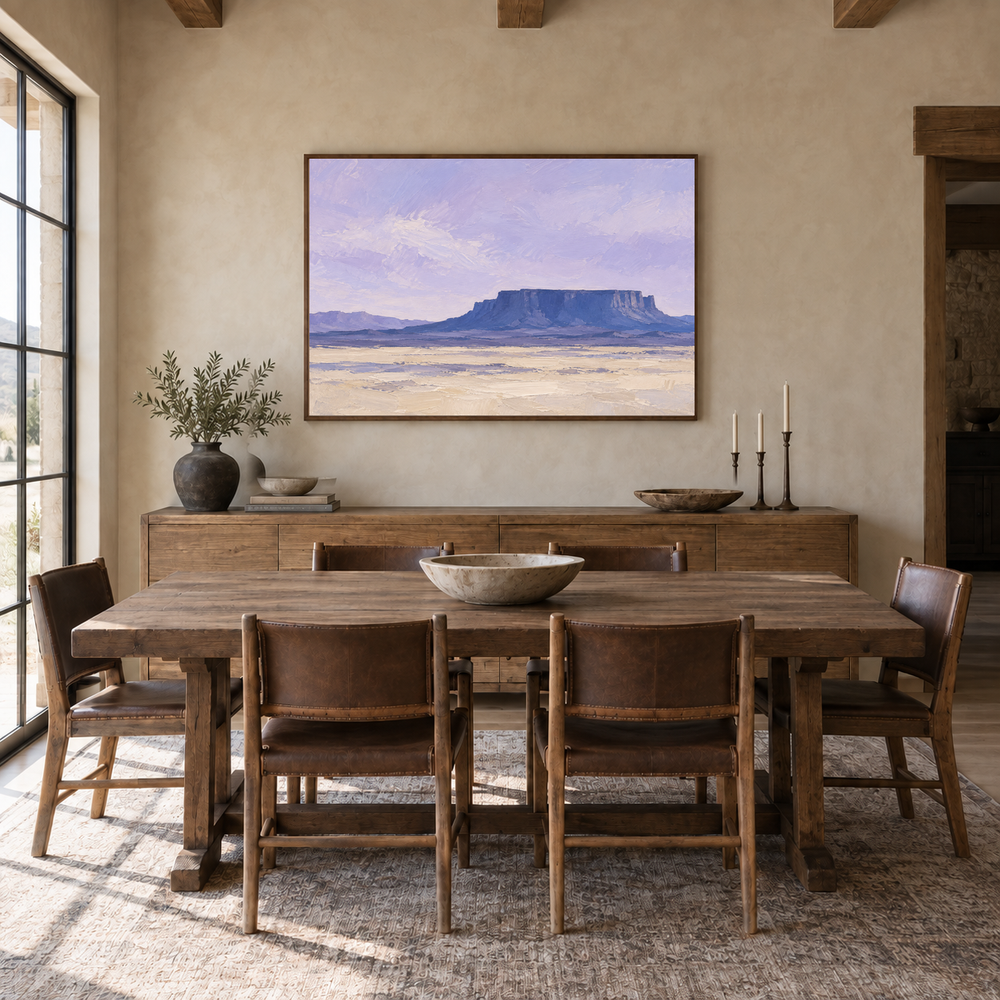 Indigo Mesa oil painting displayed in a modern farmhouse dining room