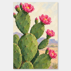 Pink Prickly Pear oil painting with connected green cactus pads and pink flowers with yellow centers