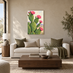 Pink Prickly Pear oil painting displayed in a Modern Desert living room