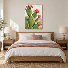 Pink Prickly Pear oil painting displayed in a Warm Minimalist bedroom