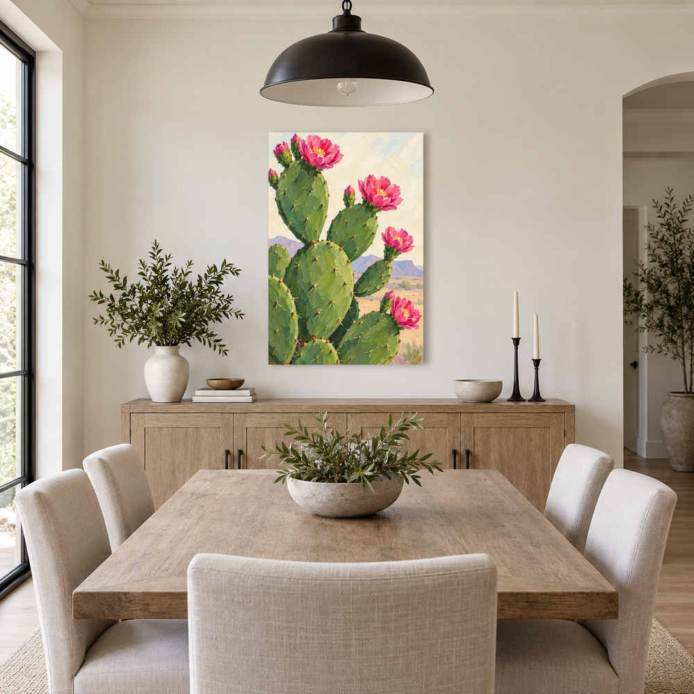Pink Prickly Pear oil painting displayed in a Modern Farmhouse dining room