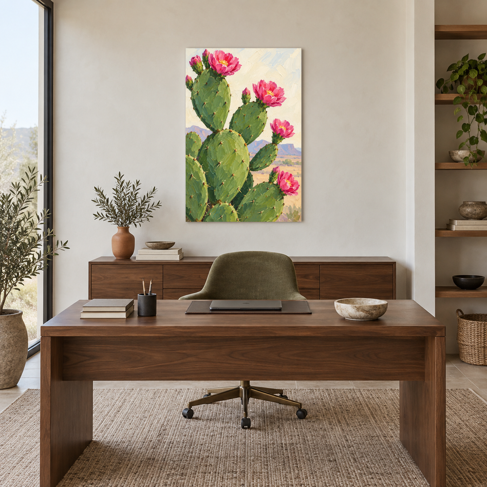 Pink Prickly Pear oil painting displayed in a Southwestern study