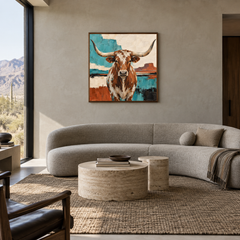 Southwestern Longhorn Geometry oil painting displayed in a modern Southwestern living room