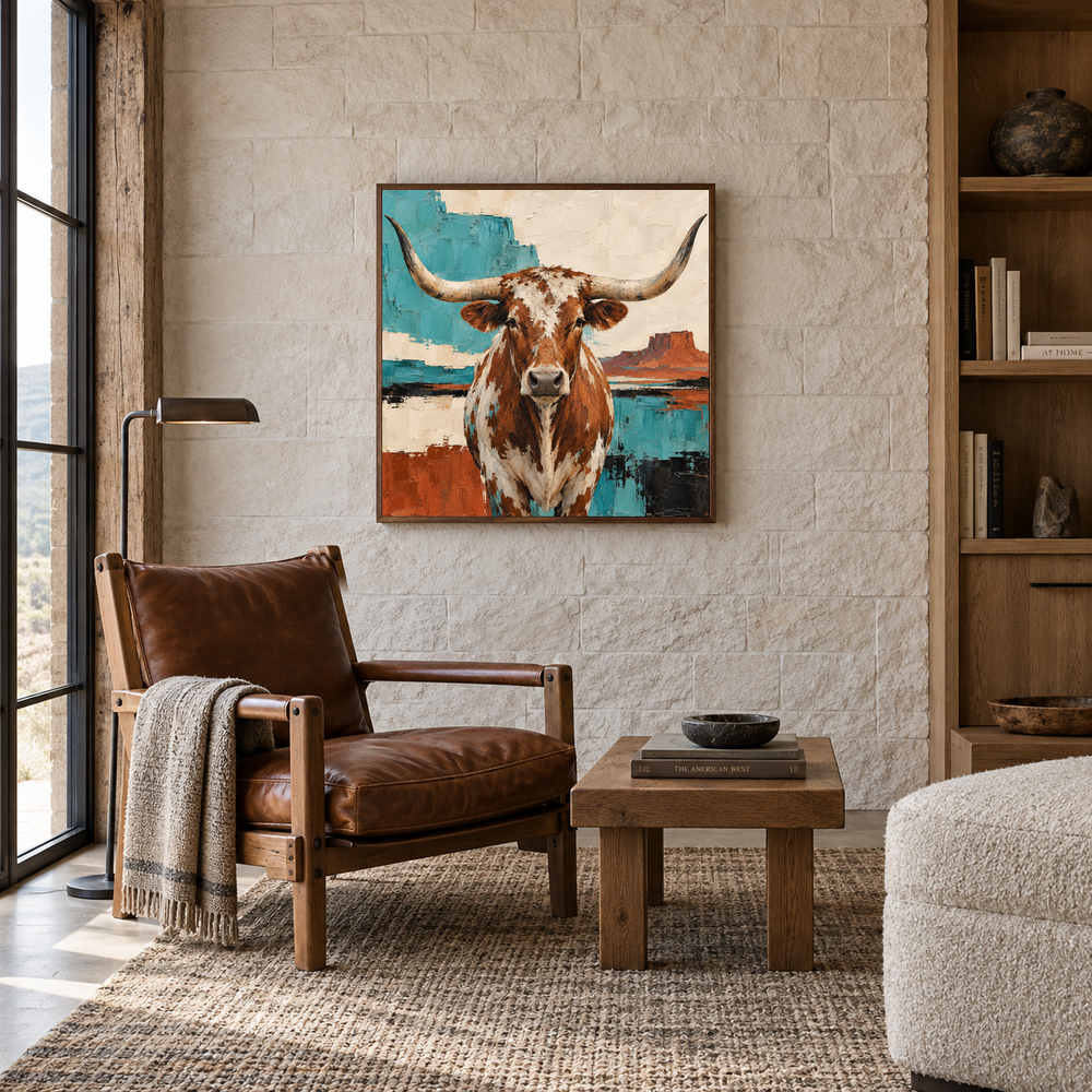 Southwestern Longhorn Geometry oil painting displayed in a quiet reading room