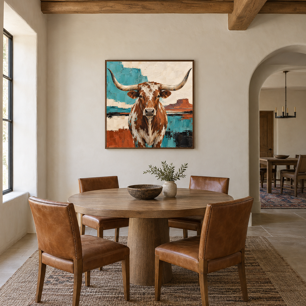 Southwestern Longhorn Geometry oil painting displayed in a modern farmhouse dining room