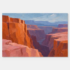 Canyon Color Blocks oil landscape with orange cliffs, pink shelves, plum shadow and dusty blue distance