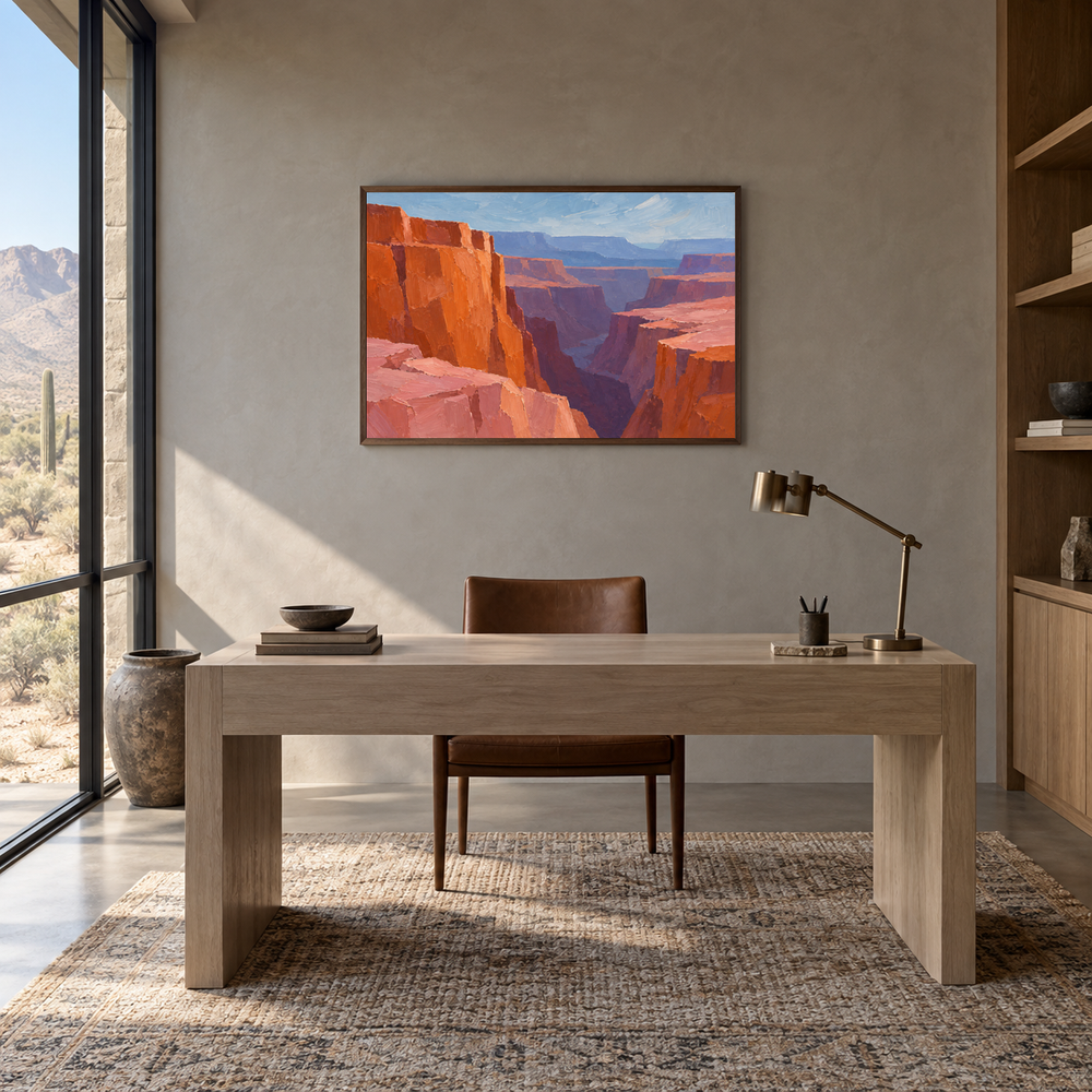 Canyon Color Blocks oil painting displayed in a natural-wood study