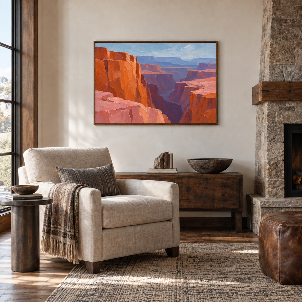 Canyon Color Blocks oil painting displayed in a quiet reading room