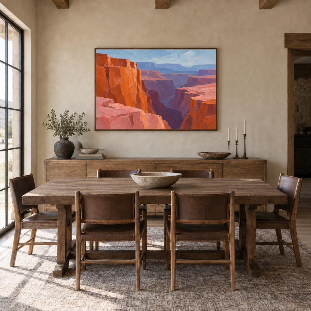 Canyon Color Blocks oil painting displayed in a modern farmhouse dining room