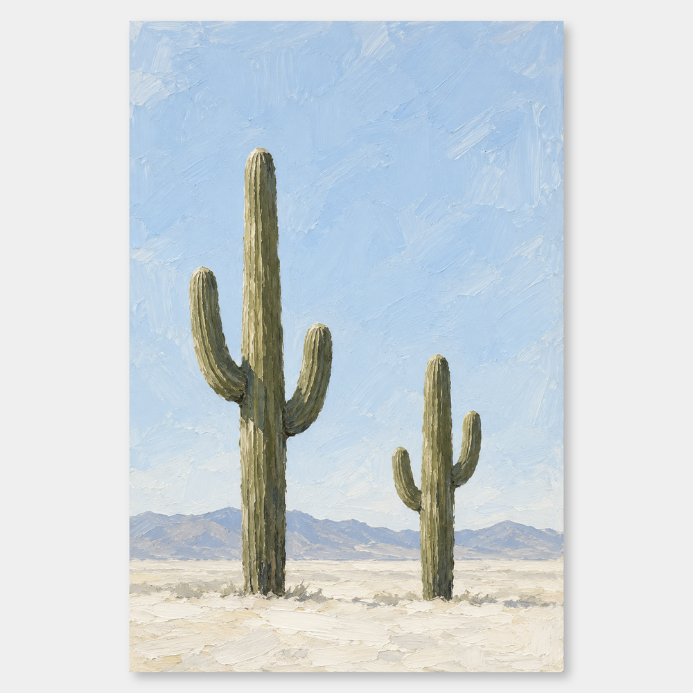 Two Saguaros Under Pale Sky oil painting with two olive cacti against pale blue and warm white