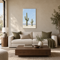 Two Saguaros Under Pale Sky oil painting displayed in a Modern Desert living room