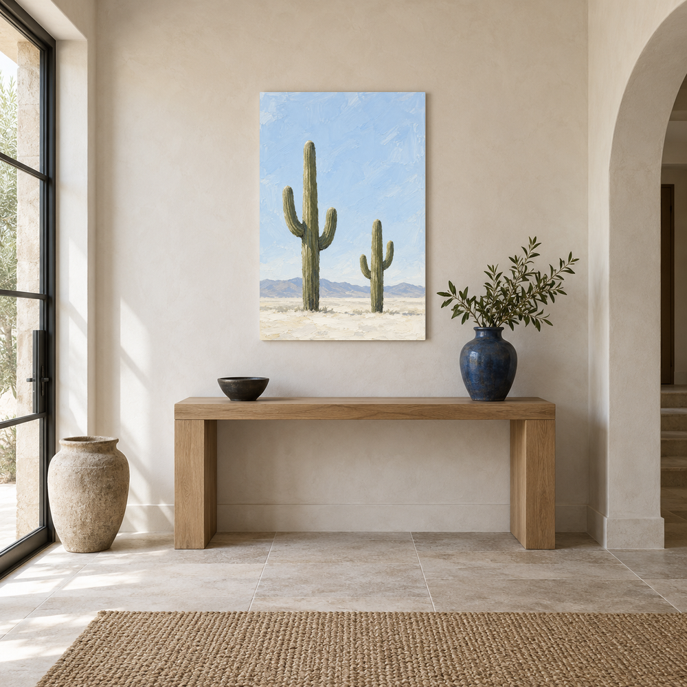Two Saguaros Under Pale Sky oil painting displayed in a Adobe-inspired entryway