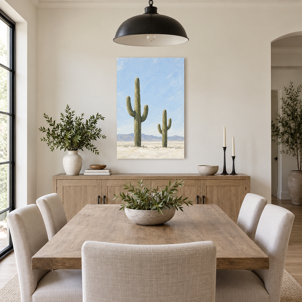 Two Saguaros Under Pale Sky oil painting displayed in a Modern Farmhouse dining room