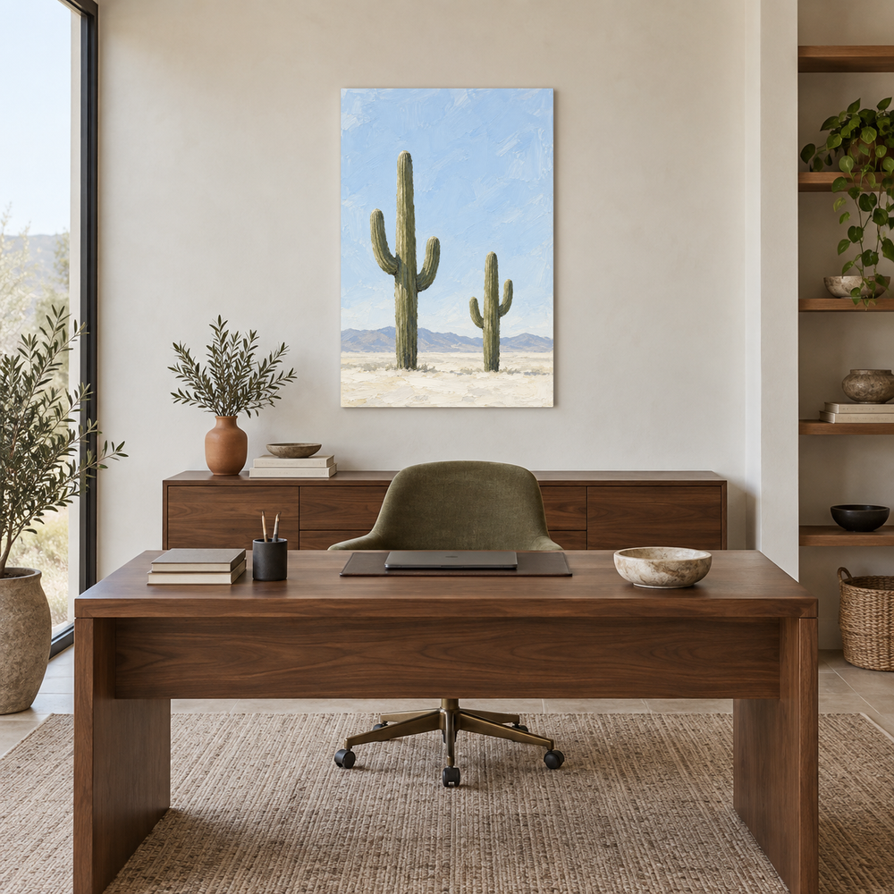 Two Saguaros Under Pale Sky oil painting displayed in a Southwestern study